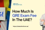 A desk with international flags, a notebook labeled "LANGUAGE," and a question about GRE exam fee in the UAE on a professional background.