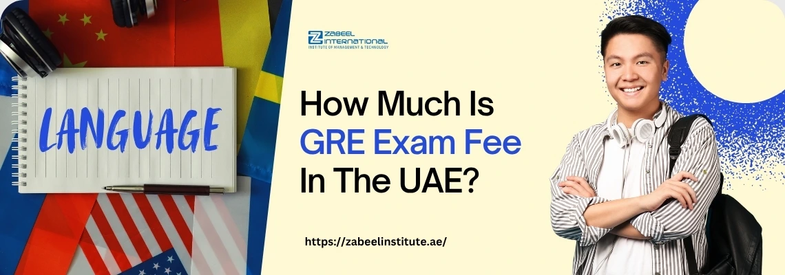 A desk with international flags, a notebook labeled "LANGUAGE," and a question about GRE exam fee in the UAE on a professional background.