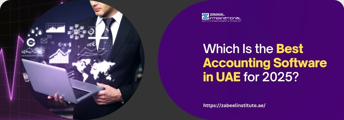 A businessman in a suit analyzes financial data on a laptop, surrounded by digital graphs and icons, questioning the best accounting software in UAE for 2025.