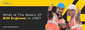 Two construction workers in safety vests and hard hats give thumbs up while discussing BIM Engineer salaries in the UAE.
