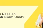A person in a hijab holds books, standing against a yellow background with text about the EmSAT UAE exam cost.