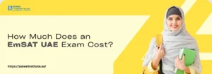 A person in a hijab holds books, standing against a yellow background with text about the EmSAT UAE exam cost.