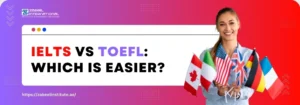 A person holds multiple flags, showcasing various countries, with bold text overlaying the image asking "IELTS vs TOEFL: Which is easier?"