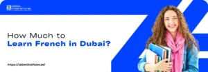 A person holding a stack of books poses in front of a blue background with text about learning French in Dubai.