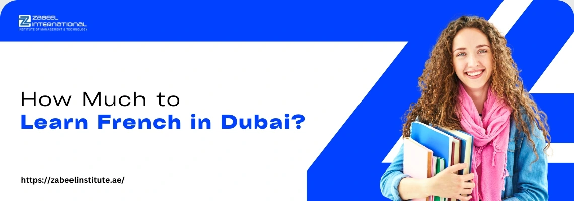 A person holding a stack of books poses in front of a blue background with text about learning French in Dubai.