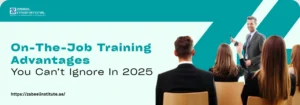 A group of professionals attending a presentation on the advantages of on-the-job training for 2025, with a focus on engagement.