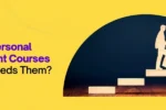 Graphic promoting personal development courses, featuring a figure climbing wooden steps against a vibrant yellow background.