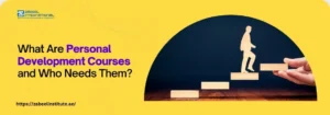 Graphic promoting personal development courses, featuring a figure climbing wooden steps against a vibrant yellow background.