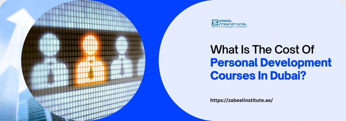 Illustration of three figures in business attire with one highlighted, alongside text about personal development course costs in Dubai.