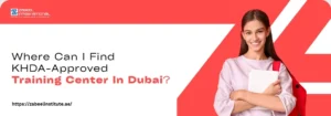 A woman stands confidently with her arms crossed, holding books, against a bold red background with text about KHDA-approved training centers in Dubai.
