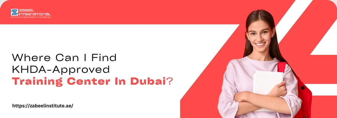 A woman stands confidently with her arms crossed, holding books, against a bold red background with text about KHDA-approved training centers in Dubai.