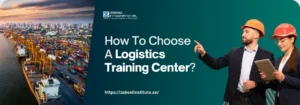 How To Choose A Logistics Training Center? Aerial view of a busy shipping port filled with colorful containers, with two professionals in hard hats discussing logistics training.