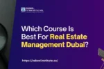 A magnifying glass is placed over a red house icon and keys, alongside a text query about real estate management courses in Dubai.