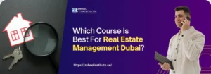 A magnifying glass is placed over a red house icon and keys, alongside a text query about real estate management courses in Dubai.
