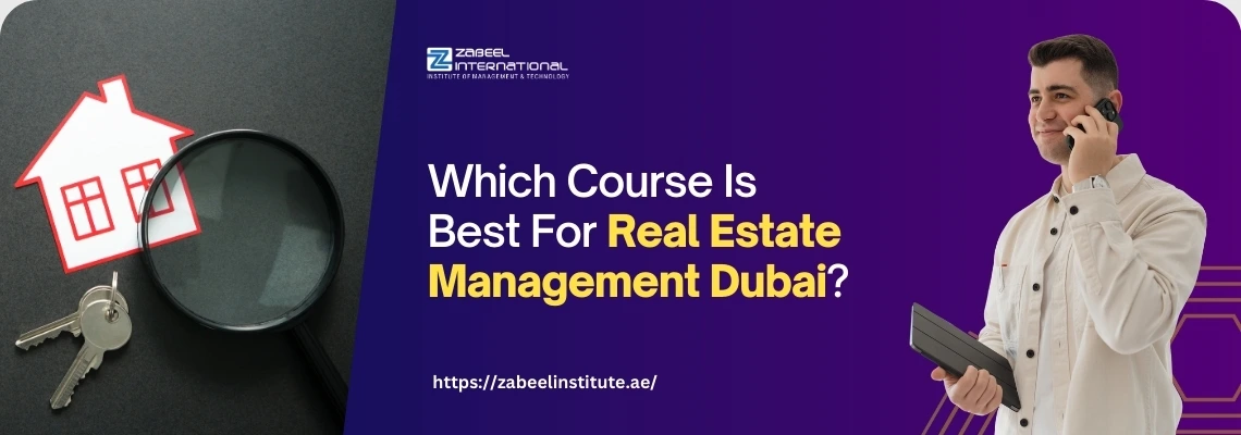 A magnifying glass is placed over a red house icon and keys, alongside a text query about real estate management courses in Dubai.