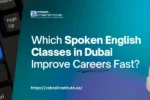 A keyboard with a blue “Learn English” key, alongside text promoting spoken English classes in Dubai and their benefits for career advancement.