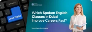 A keyboard with a blue “Learn English” key, alongside text promoting spoken English classes in Dubai and their benefits for career advancement.