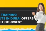 A professional woman gestures toward a blank whiteboard, with bold text asking about the best training institute in Dubai.