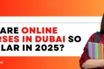 A young woman holds colorful notebooks against a vibrant orange background with bold text about the popularity of online courses in Dubai.