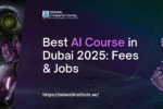 A futuristic banner with a purple and dark grey background featuring two AI robots. The robot on the left is in a dark, glowing setting, interacting with multiple digital screens that show lines of code and data. The robot on the right is holding a digital tablet with more code and data. The center of the banner has the logo for Zabeel International Institute of Management & Technology and the text "Best AI Course in Dubai 2025: Fees & Jobs". The words "AI Course" are highlighted in purple. The website "https://zabeelinstitute.ae/" is at the bottom center. The overall design emphasizes artificial intelligence and technology.