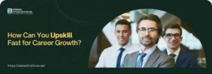 A banner with a dark green background and a subtle grid pattern. The left side features the logo for "ZABEEL INTERNATIONAL INSTITUTE OF MANAGEMENT & TECHNOLOGY" and the question "How Can You Upskill Fast for Career Growth?". The text "Upskill Fast" is in a light yellow color. At the bottom left, the website "https://zabeelinstitute.ae/" is displayed. On the right side, there is a photograph of three professional men, standing side-by-side and smiling. The man in the foreground is wearing glasses and a grey suit, and he is looking directly at the camera. The other two men are slightly blurred in the background. The overall tone is professional and optimistic, suggesting career development and success.