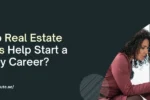 A banner with a dark, slate-grey background. On the left side, the logo for "ZABEEL INTERNATIONAL INSTITUTE OF MANAGEMENT & TECHNOLOGY" is at the top. Below the logo is the question "How Do Real Estate Courses Help Start a Property Career?". The word "Courses" is highlighted in a pale yellow. At the bottom left, the website "https://zabeelinstitute.ae/" is displayed. On the right side, there is a photograph of two women seated, looking at some papers. One woman has curly dark hair and is wearing a dark pink top, while the other woman has short hair and is wearing a bright turquoise top. They appear to be in a professional discussion, possibly in an office setting. The overall feel is professional and informative.