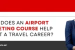 A vibrant red and dark grey banner with a white pop-up window in the center. The top left of the window displays three colored circles—red, yellow, and blue—and contains the question "HOW DOES AN AIRPORT TICKETING COURSE HELP START A TRAVEL CAREER?". The words "AIRPORT TICKETING COURSE" are highlighted in red. To the right of the window, a smiling flight attendant in a dark blue uniform with a red and white patterned scarf is looking at the camera. The logo for Zabeel International Institute of Management & Technology is visible in the top left corner of the overall banner. Below the white window, the website "https://zabeelinstitute.ae/" is written in white text. The design is modern and professional, using bold colors to draw attention.