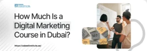 A bright, clean banner with a predominantly white background and a subtle diagonal line pattern on the left. The top left corner features the logo for Zabeel International Institute of Management & Technology. The main text on the left asks the question: "How Much Is a Digital Marketing Course in Dubai?". The words "Digital Marketing" are highlighted with a grey box. Below the text, the website "https://zabeelinstitute.ae/" is displayed.