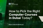 Educational banner for Zabeel International Institute featuring a young man using a laptop against a digital tech background. The text reads: 'How to Pick the Right Computer Courses in Dubai Today?' with the institute’s logo and website link https://zabeelinstitute.ae/ .
