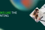 A banner with a dark teal and black background, featuring abstract colorful blurs at the top. On the left side, the logo for Zabeel International Institute of Management & Technology is visible, and the main text asks: "IS QUICKBOOKS UAE THE BEST ACCOUNTING SOFTWARE?". The words "QUICKBOOKS UAE" are highlighted in green. Below this, the website "https://zabeelinstitute.ae/" is displayed.