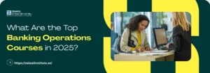 A banner with a dark teal and bright yellow color scheme. The left side features the logo for Zabeel International Institute of Management & Technology and the question "What Are the Top Banking Operations Courses in 2025?". The words "Banking Operations Courses" are highlighted in a bright yellow. The website "https://zabeelinstitute.ae/" is at the bottom left. The background of the entire banner has a large, abstract checkered pattern of dark teal and bright yellow.