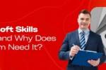 Promotional banner for Zabeel International Institute with the text 'What Is Soft Skills Training and Why Does Your Team Need It?' on a red background. The design features a professional man in a suit holding a clipboard and an image of a sticky note labeled 'Soft Skills,' along with the institute’s logo and website link https://zabeelinstitute.ae/ .