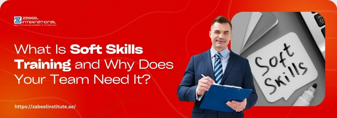Promotional banner for Zabeel International Institute with the text 'What Is Soft Skills Training and Why Does Your Team Need It?' on a red background. The design features a professional man in a suit holding a clipboard and an image of a sticky note labeled 'Soft Skills,' along with the institute’s logo and website link https://zabeelinstitute.ae/ .