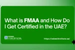 A bright green banner for Zabeel International Institute of Management & Technology. The banner is divided into three sections with rounded white borders. The left section shows a smiling woman with glasses, wearing a business blouse, and using a calculator. The middle section is a solid green background with the question "What is FMAA and How Do I Get Certified in the UAE?". The word "FMAA" is in bold. The logo for Zabeel is in the bottom left, and the website "https://zabeelinstitute.ae/" is in the bottom right. The right section of the banner shows a close-up of a calculator, a pen, and a paper with financial graphs and numbers. The overall design is clean, professional, and finance-oriented.