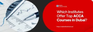 An image with a red and white background promoting Zabeel International Institute of Management & Technology. The left side shows a pen resting on financial documents and a calculator. The right side features a bold white text that asks, "Which Institutes Offer Top ACCA Courses in Dubai?". Below the text, a URL is provided: "https://zabeelinstitute.ae/". The image is designed to attract people looking for the best ACCA (Association of Chartered Certified Accountants) courses in Dubai.