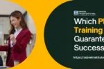 A promotional banner with a dark teal and bright yellow color scheme. The right side has a dark teal background with a question in white and yellow text: "Which PMP Online Training Courses Guarantee Exam Success?". The words "PMP Online Training Courses" are highlighted in yellow. The logo for Zabeel International Institute of Management & Technology is at the top right, and the website "https://zabeelinstitute.ae/" is at the bottom.