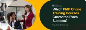 A promotional banner with a dark teal and bright yellow color scheme. The right side has a dark teal background with a question in white and yellow text: "Which PMP Online Training Courses Guarantee Exam Success?". The words "PMP Online Training Courses" are highlighted in yellow. The logo for Zabeel International Institute of Management & Technology is at the top right, and the website "https://zabeelinstitute.ae/" is at the bottom.