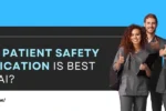 Promotional banner for Zabeel International Institute featuring a group of smiling healthcare professionals in scrubs giving thumbs up. The text reads: 'Which Patient Safety Certification is Best in Dubai?' along with the institute’s logo and website link https://zabeelinstitute.ae/ on a blue and white background.