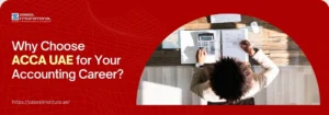 A banner with a prominent red background and a white grid pattern. The left side of the banner contains the logo for Zabeel International Institute of Management & Technology and the question "Why Choose ACCA UAE for Your Accounting Career?". The text "ACCA UAE" is highlighted in a pale yellow color. At the bottom left, the website "https://zabeelinstitute.ae/" is visible. The right side of the banner features an aerial shot of a person with curly hair, wearing a brown blazer, working at a desk. They are using a calculator and writing on a document. There is a computer keyboard and mouse on the desk as well. The overall design is professional and focused on accounting and career development.
