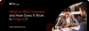 Zabeel Institute banner asking 'What Is FIDIC Contract and How Does It Work in Projects?' showing a project manager reviewing a contract document.