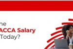 A banner with a dominant white background and a red stripe at the top containing the Zabeel International Institute of Management & Technology logo and the website "https://zabeelinstitute.ae/". The main text on the left asks the question: "What Is the Average ACCA Salary in Dubai Today?". The words "ACCA Salary" and "Dubai" are highlighted in red. The right side features two professional women celebrating a success at a desk with a laptop. One woman in a dark blazer is on a phone, and another woman in a red blazer is smiling and giving her a supportive pat on the shoulder. The background features a red, abstract circular design.