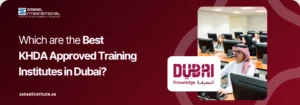 Which are the Best KHDA Approved Training Institutes in Dubai? Students in a computer lab at Zabeel International Institute, featuring the Dubai Knowledge (KHDA) logo and text asking 'Which are the Best KHDA Approved Training Institutes in Dubai?