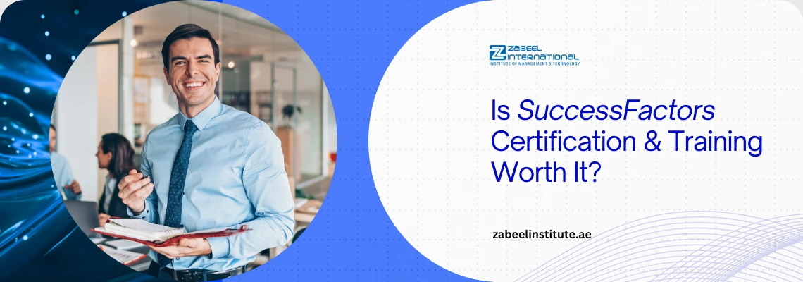 (Best) Smiling businessman with a notebook; addressing the question "Is SuccessFactors Certification & Training Worth It?" in the context of online classes and career recognition.