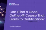 Smiling businesswoman pointing to the camera; asking "Can I find a good online HR course that leads to certification?"