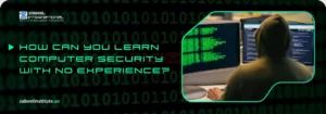 A person in a hoodie coding on multiple monitors with a binary code background; addressing the question "How Can You Learn Computer Security with No Experience?"
