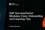 Professional woman using a laptop with SAP SuccessFactors modules; highlighting the value of Core, Onboarding, and Learning certification and training.