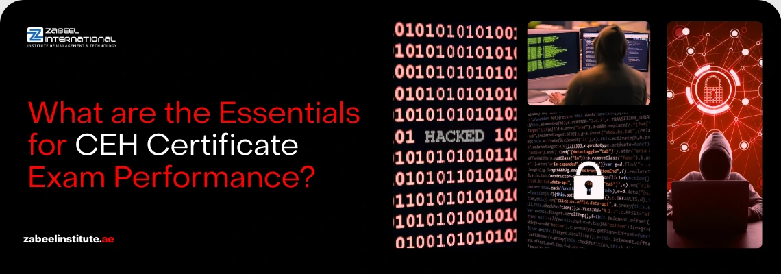 Hacker-themed visual representing "What are the Essentials for CEH Certificate Exam Performance?" including binary code and a padlock symbol.