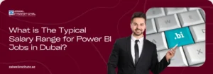 Smiling professional man pointing to a keyboard key with ".bi" (Business Intelligence); asking "What is The Typical Salary Range for Power BI Jobs in Dubai?"