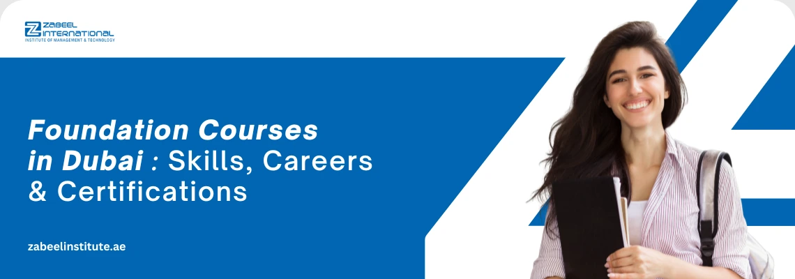 A collage for Zabeel Institute's foundation courses in Dubai, featuring icons for Finance, Engineering, Logistics, and Soft Skills.