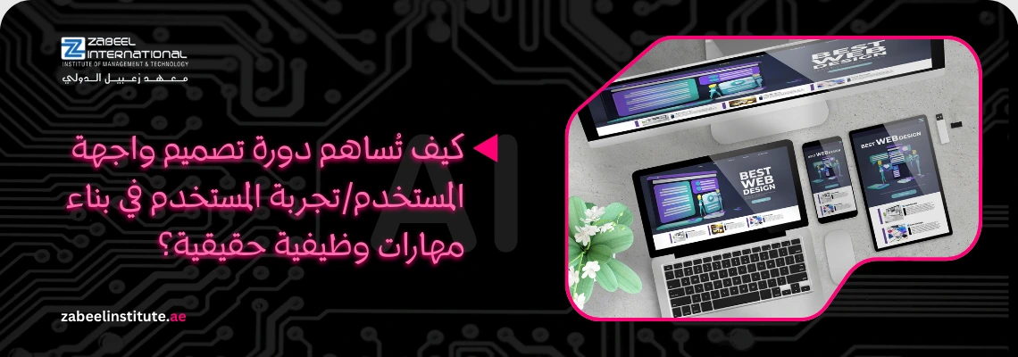 أهم المهارات المطلوبة للتقدم الوظيفي والنمو المهني في سوق العمل، ملصق إعلاني من معهد زبيل الدولي يظهر امرأة مهنية وخطوات النجاح في المسار الوظيفي.